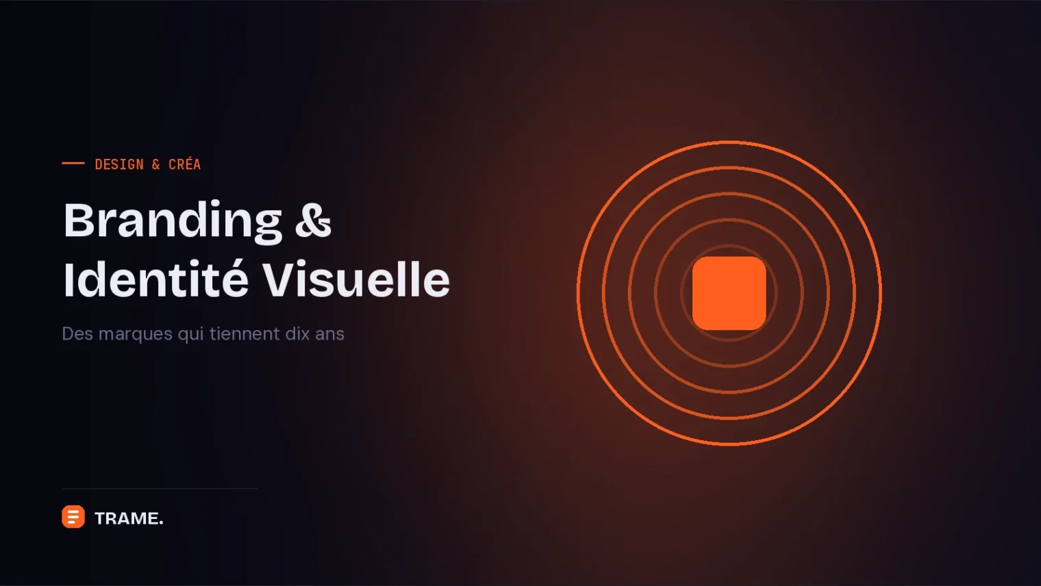 Couverture du service Branding de TRAME : cercles concentriques orange autour d'une marque centrale, symbolisant un système d'identité