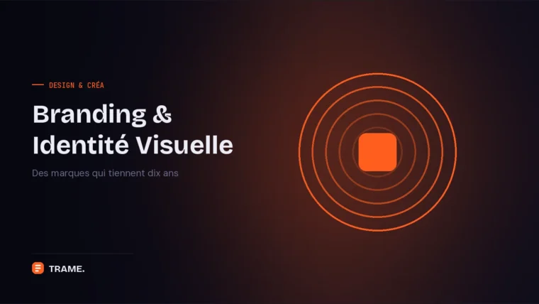 Couverture du service Branding de TRAME : cercles concentriques orange autour d'une marque centrale, symbolisant un système d'identité