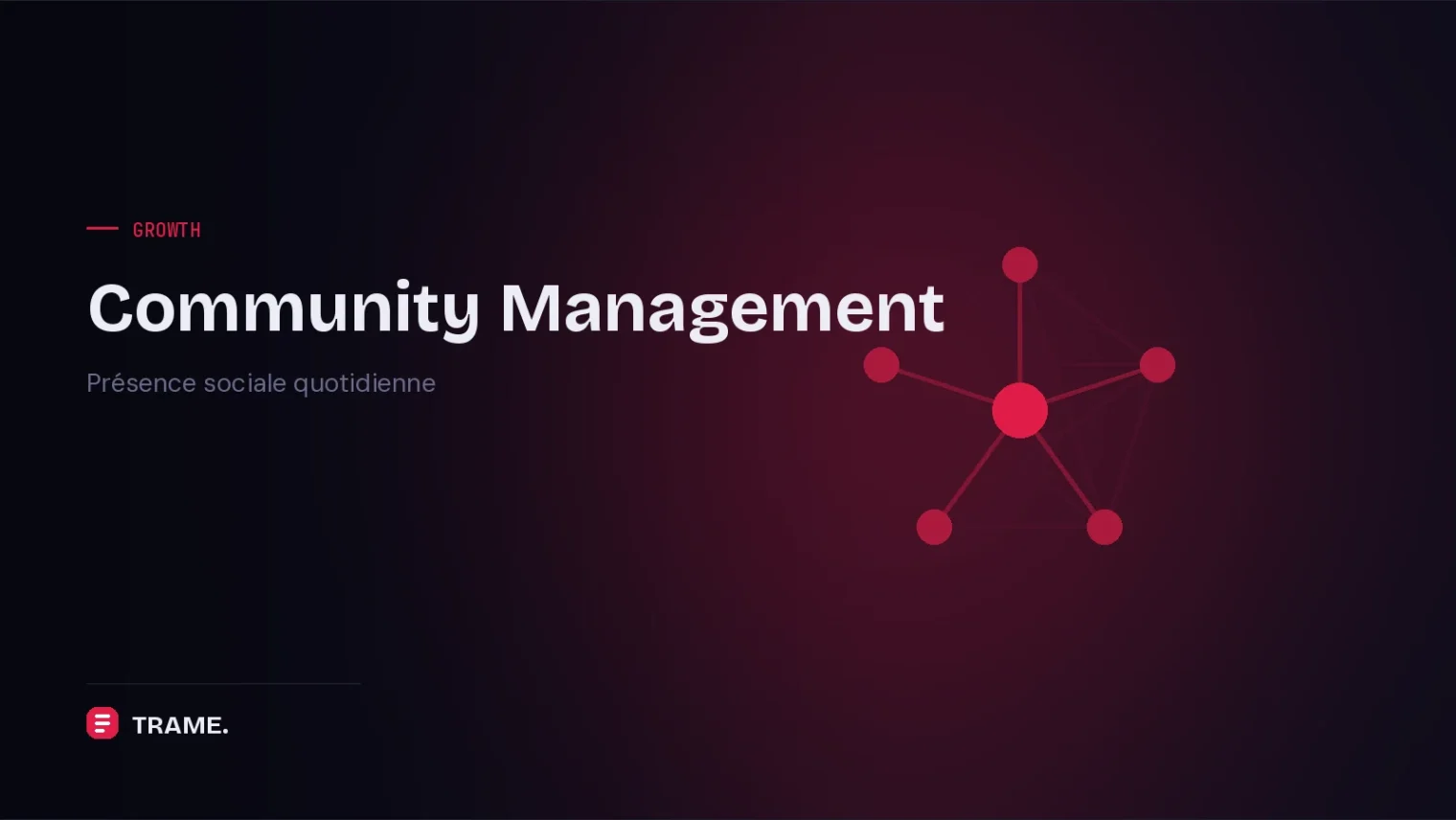 Couverture du service Community Management de TRAME : réseau de six nœuds roses reliés entre eux autour d'un point central