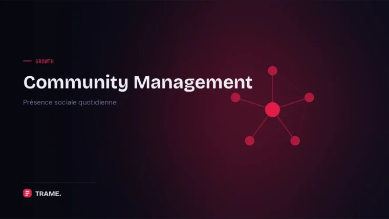 Couverture du service Community Management de TRAME : réseau de six nœuds roses reliés entre eux autour d'un point central