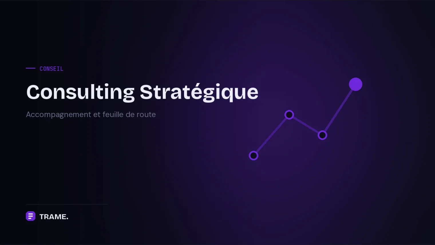 Couverture du service Consulting de TRAME : chemin jalonné de quatre points violets progressant vers un jalon final mis en évidence