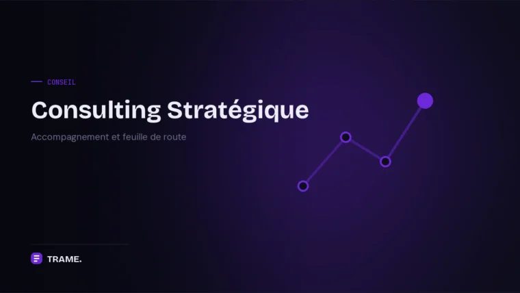 Couverture du service Consulting de TRAME : chemin jalonné de quatre points violets progressant vers un jalon final mis en évidence