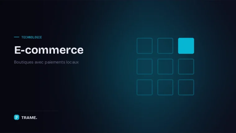 Couverture du service E-commerce de TRAME : grille de neuf tuiles cyan dont une mise en évidence, évoquant un catalogue produits