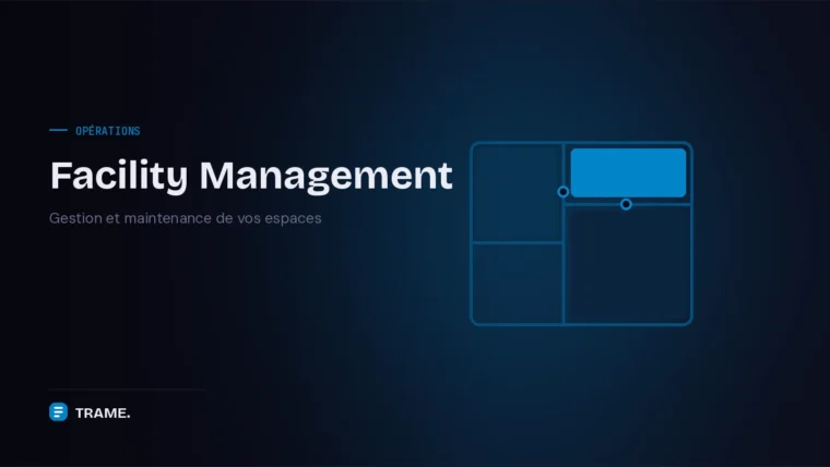 Couverture du service Facility Management de TRAME : plan modulaire bleu composé d'espaces de tailles différentes reliés par des points d'accès