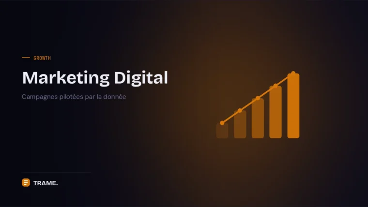 Couverture du service Marketing Digital de TRAME : cinq barres ambrées croissantes surmontées d'une courbe de progression