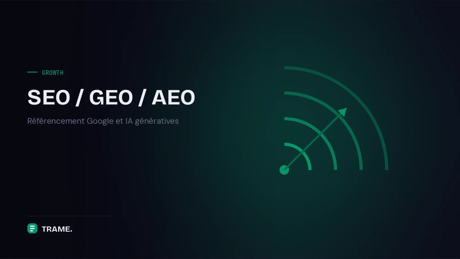 Couverture du service SEO de TRAME : ondes concentriques vertes en éventail traversées par une flèche ascendante