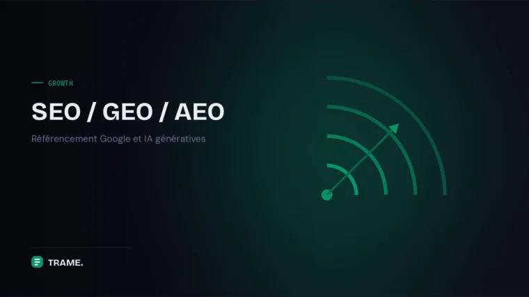Couverture du service SEO de TRAME : ondes concentriques vertes en éventail traversées par une flèche ascendante