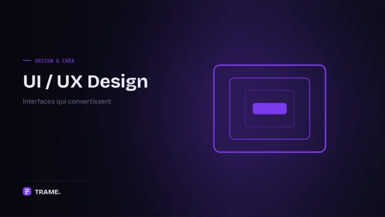 Couverture du service UI/UX Design de TRAME : trois cadres violets imbriqués évoquant des maquettes d'interface superposées
